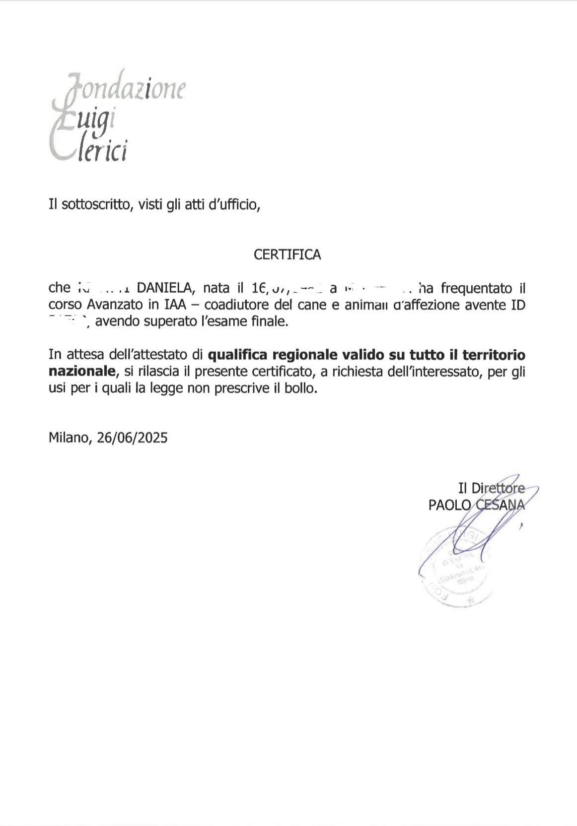 Fondazione Luigi Clerici – IAA Corso Avanzato Qualifica Regionale