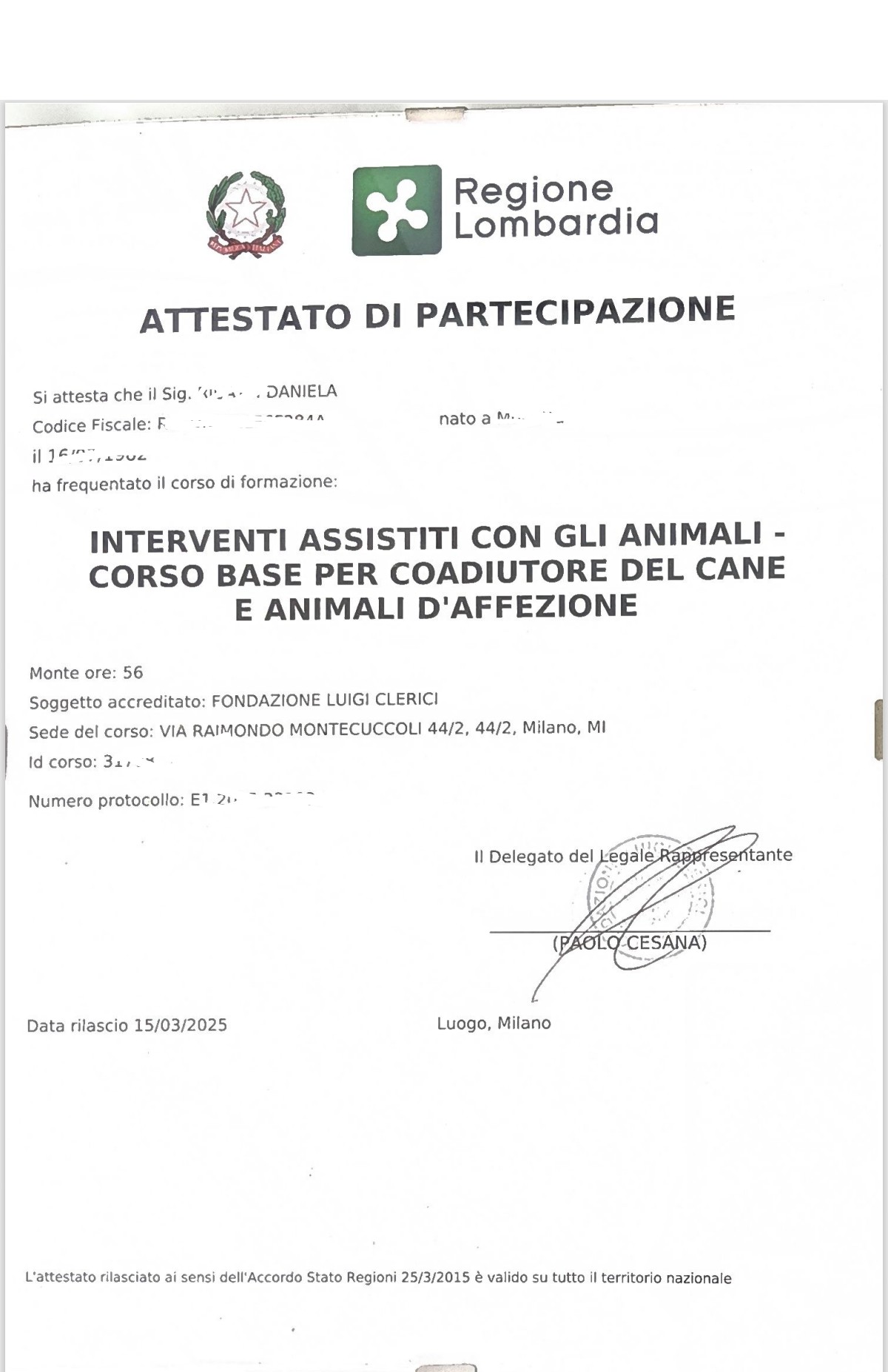 Regione Lombardia / Fondazione Luigi Clerici – IAA Corso Base per Coadiutore