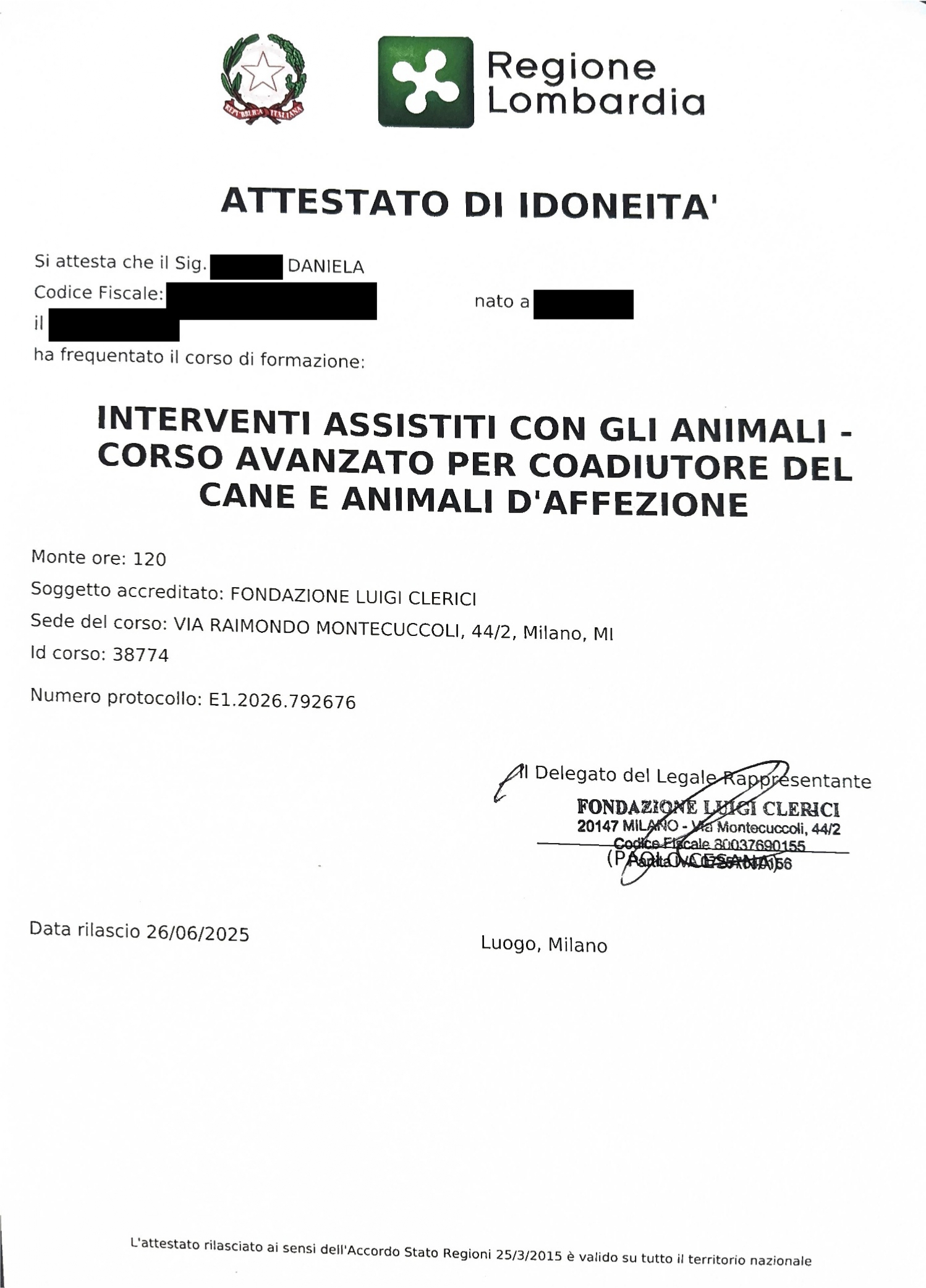 Attestato Interventi Assistiti con gli Animali